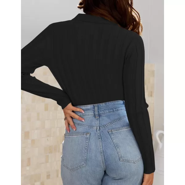 imageZESICA Womens Fall Sweaters 2024 Long Sleeve V Neck Ribbed Knit Shirts Slim Fit Half Zip Lapel Collared Basic Polo TopsBlack
