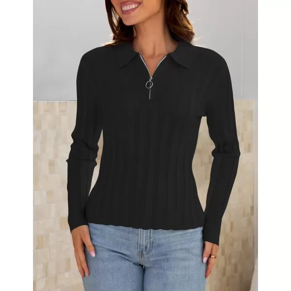 imageZESICA Womens Fall Sweaters 2024 Long Sleeve V Neck Ribbed Knit Shirts Slim Fit Half Zip Lapel Collared Basic Polo TopsBlack