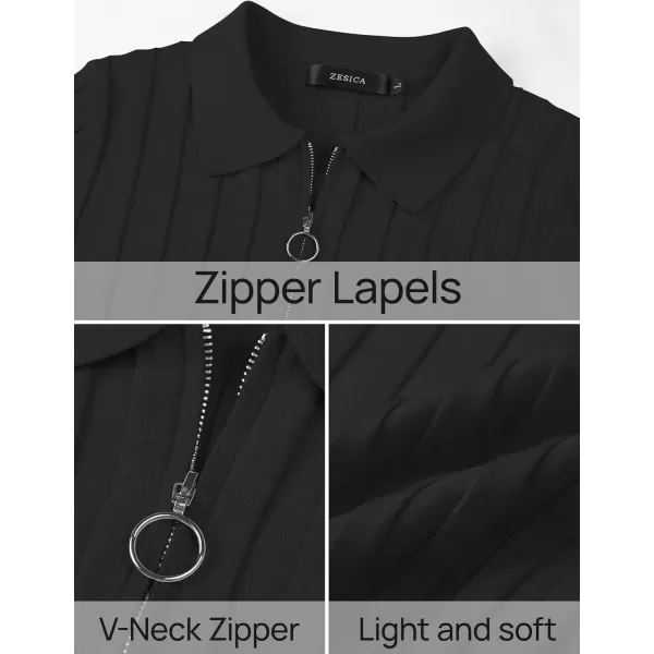 imageZESICA Womens Fall Sweaters 2024 Long Sleeve V Neck Ribbed Knit Shirts Slim Fit Half Zip Lapel Collared Basic Polo TopsBlack