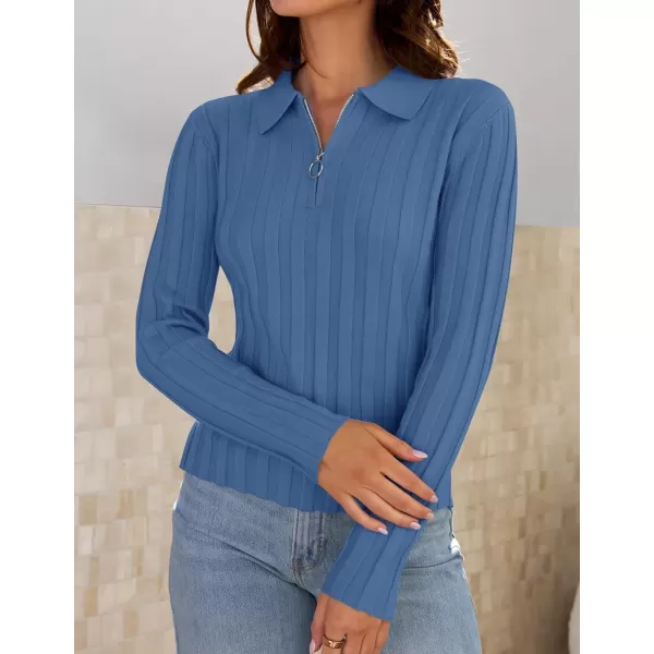 imageZESICA Womens Fall Sweaters 2024 Long Sleeve V Neck Ribbed Knit Shirts Slim Fit Half Zip Lapel Collared Basic Polo TopsBlue