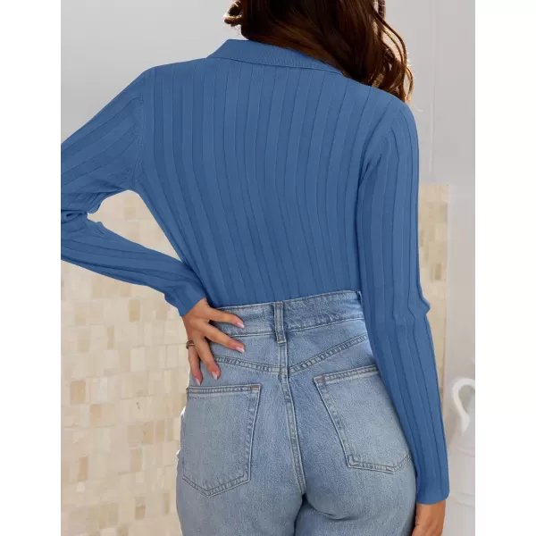 imageZESICA Womens Fall Sweaters 2024 Long Sleeve V Neck Ribbed Knit Shirts Slim Fit Half Zip Lapel Collared Basic Polo TopsBlue
