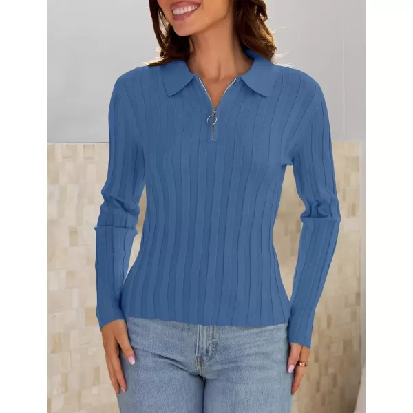 imageZESICA Womens Fall Sweaters 2024 Long Sleeve V Neck Ribbed Knit Shirts Slim Fit Half Zip Lapel Collared Basic Polo TopsBlue