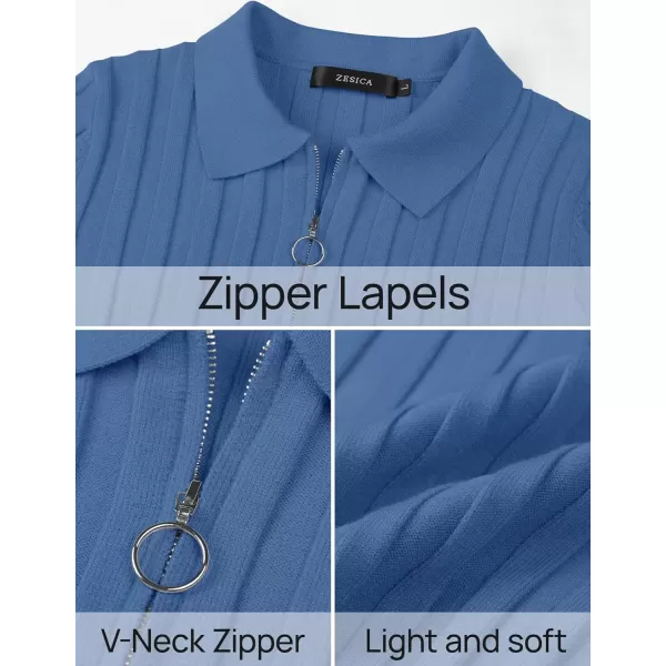 imageZESICA Womens Fall Sweaters 2024 Long Sleeve V Neck Ribbed Knit Shirts Slim Fit Half Zip Lapel Collared Basic Polo TopsBlue