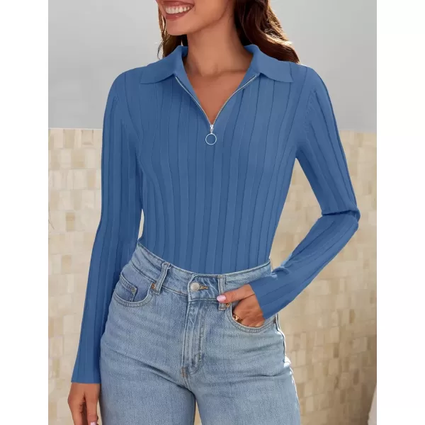 imageZESICA Womens Fall Sweaters 2024 Long Sleeve V Neck Ribbed Knit Shirts Slim Fit Half Zip Lapel Collared Basic Polo TopsBlue