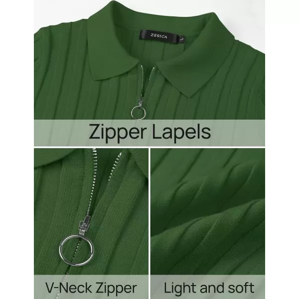 imageZESICA Womens Fall Sweaters 2024 Long Sleeve V Neck Ribbed Knit Shirts Slim Fit Half Zip Lapel Collared Basic Polo TopsMoss Green