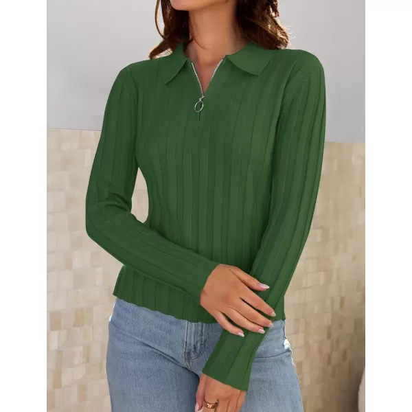 imageZESICA Womens Fall Sweaters 2024 Long Sleeve V Neck Ribbed Knit Shirts Slim Fit Half Zip Lapel Collared Basic Polo TopsMoss Green