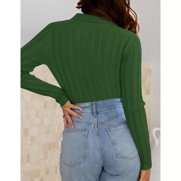 imageZESICA Womens Fall Sweaters 2024 Long Sleeve V Neck Ribbed Knit Shirts Slim Fit Half Zip Lapel Collared Basic Polo TopsMoss Green
