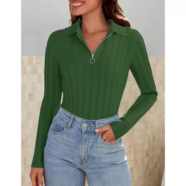 imageZESICA Womens Fall Sweaters 2024 Long Sleeve V Neck Ribbed Knit Shirts Slim Fit Half Zip Lapel Collared Basic Polo TopsMoss Green