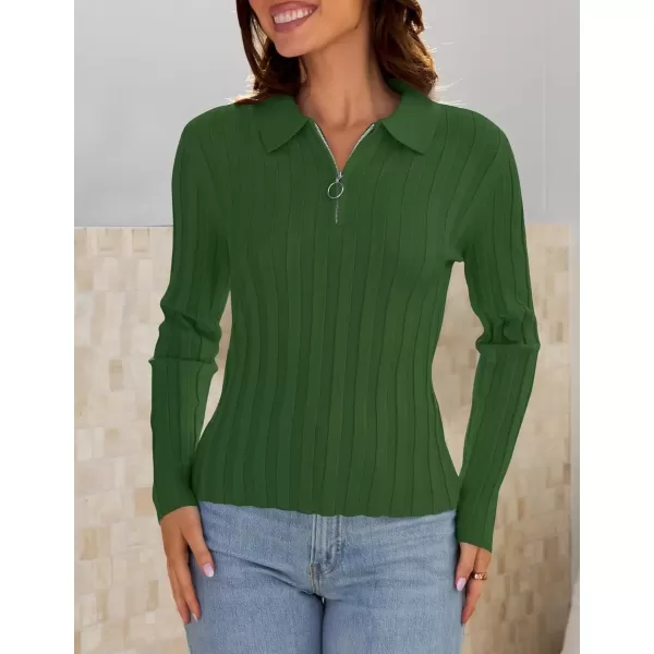 imageZESICA Womens Fall Sweaters 2024 Long Sleeve V Neck Ribbed Knit Shirts Slim Fit Half Zip Lapel Collared Basic Polo TopsMoss Green