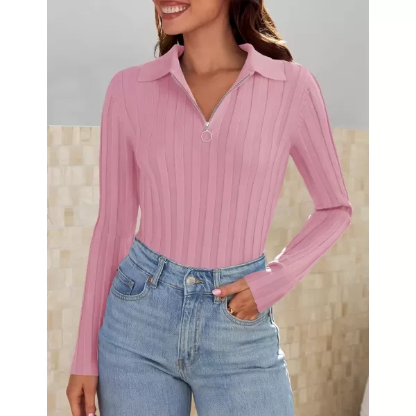 imageZESICA Womens Fall Sweaters 2024 Long Sleeve V Neck Ribbed Knit Shirts Slim Fit Half Zip Lapel Collared Basic Polo TopsPink
