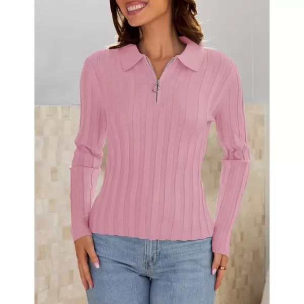 imageZESICA Womens Fall Sweaters 2024 Long Sleeve V Neck Ribbed Knit Shirts Slim Fit Half Zip Lapel Collared Basic Polo TopsPink