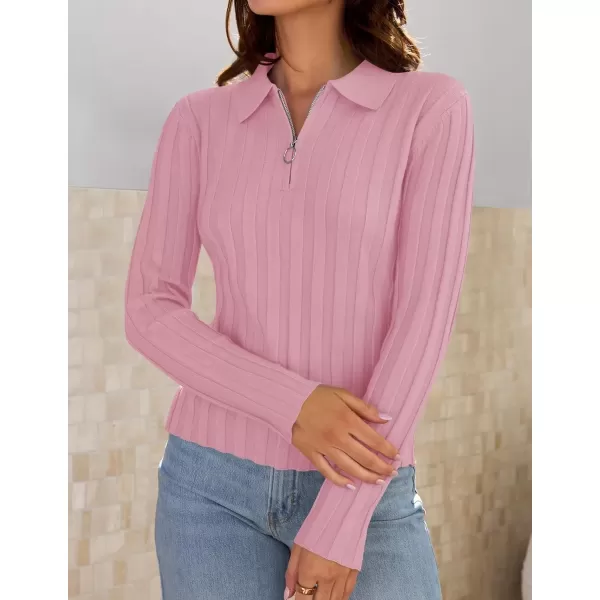 imageZESICA Womens Fall Sweaters 2024 Long Sleeve V Neck Ribbed Knit Shirts Slim Fit Half Zip Lapel Collared Basic Polo TopsPink