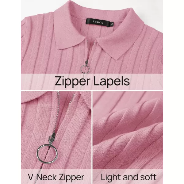 imageZESICA Womens Fall Sweaters 2024 Long Sleeve V Neck Ribbed Knit Shirts Slim Fit Half Zip Lapel Collared Basic Polo TopsPink