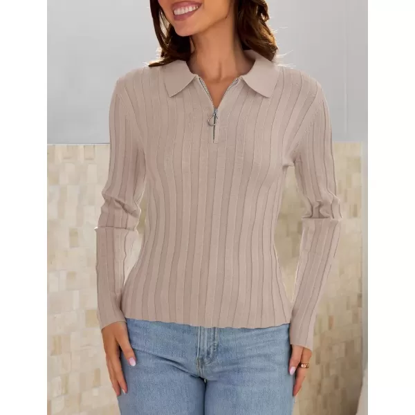 imageZESICA Womens Fall Sweaters 2024 Long Sleeve V Neck Ribbed Knit Shirts Slim Fit Half Zip Lapel Collared Basic Polo TopsSand