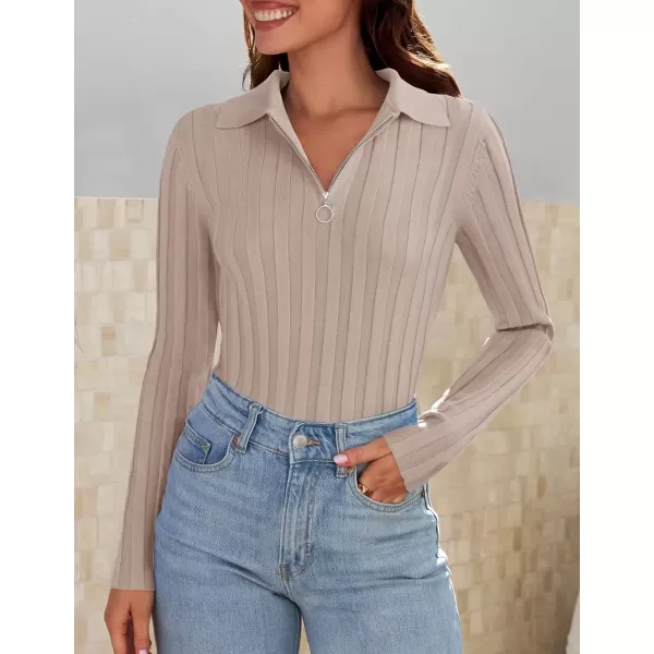 imageZESICA Womens Fall Sweaters 2024 Long Sleeve V Neck Ribbed Knit Shirts Slim Fit Half Zip Lapel Collared Basic Polo TopsSand