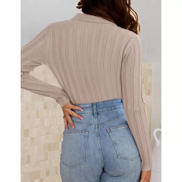 imageZESICA Womens Fall Sweaters 2024 Long Sleeve V Neck Ribbed Knit Shirts Slim Fit Half Zip Lapel Collared Basic Polo TopsSand