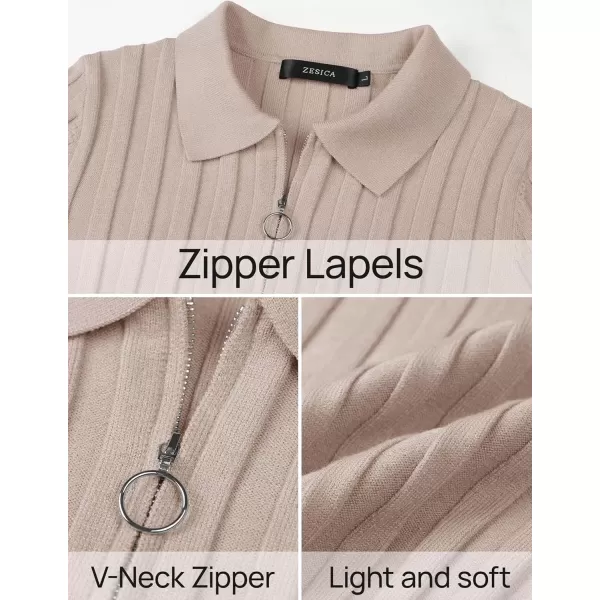imageZESICA Womens Fall Sweaters 2024 Long Sleeve V Neck Ribbed Knit Shirts Slim Fit Half Zip Lapel Collared Basic Polo TopsSand