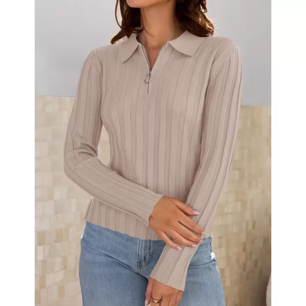 imageZESICA Womens Fall Sweaters 2024 Long Sleeve V Neck Ribbed Knit Shirts Slim Fit Half Zip Lapel Collared Basic Polo TopsSand