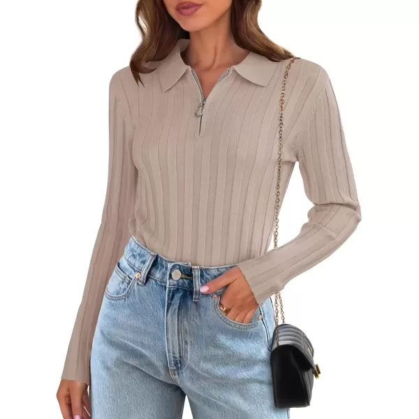 imageZESICA Womens Fall Sweaters 2024 Long Sleeve V Neck Ribbed Knit Shirts Slim Fit Half Zip Lapel Collared Basic Polo TopsSand