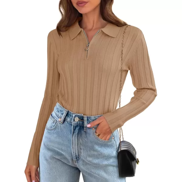 imageZESICA Womens Fall Sweaters 2024 Long Sleeve V Neck Ribbed Knit Shirts Slim Fit Half Zip Lapel Collared Basic Polo TopsToffee