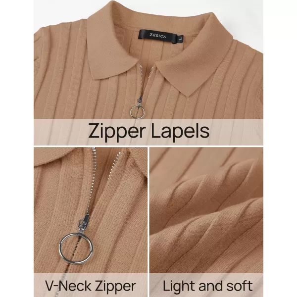 imageZESICA Womens Fall Sweaters 2024 Long Sleeve V Neck Ribbed Knit Shirts Slim Fit Half Zip Lapel Collared Basic Polo TopsToffee