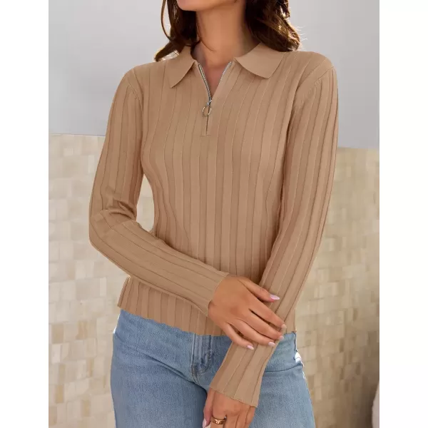imageZESICA Womens Fall Sweaters 2024 Long Sleeve V Neck Ribbed Knit Shirts Slim Fit Half Zip Lapel Collared Basic Polo TopsToffee