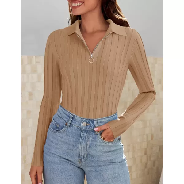 imageZESICA Womens Fall Sweaters 2024 Long Sleeve V Neck Ribbed Knit Shirts Slim Fit Half Zip Lapel Collared Basic Polo TopsToffee