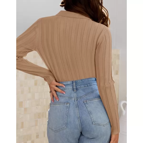 imageZESICA Womens Fall Sweaters 2024 Long Sleeve V Neck Ribbed Knit Shirts Slim Fit Half Zip Lapel Collared Basic Polo TopsToffee