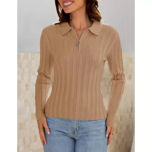 imageZESICA Womens Fall Sweaters 2024 Long Sleeve V Neck Ribbed Knit Shirts Slim Fit Half Zip Lapel Collared Basic Polo TopsToffee