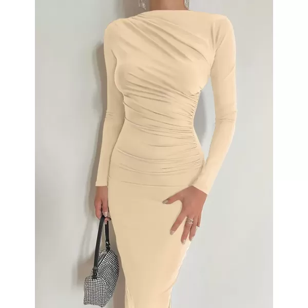 imageZESICA Womens Long Sleeve Bodycon Maxi Dresses 2024 Fall Knit Slim Fit Ruched Sexy Elegant Cocktail Party DressApricot