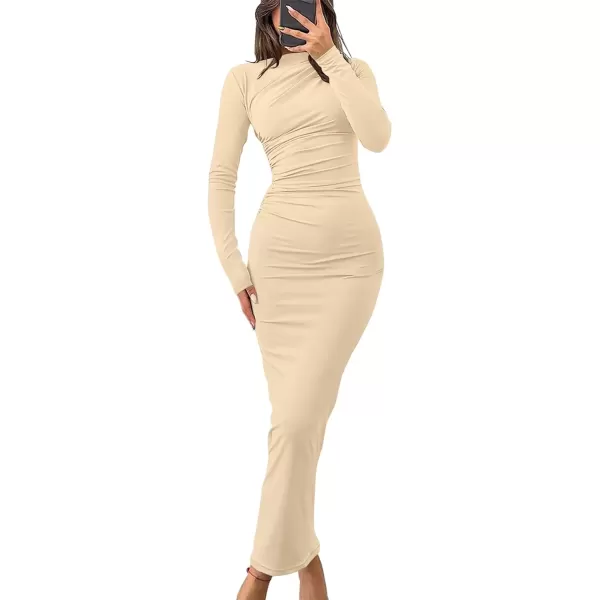 imageZESICA Womens Long Sleeve Bodycon Maxi Dresses 2024 Fall Knit Slim Fit Ruched Sexy Elegant Cocktail Party DressApricot