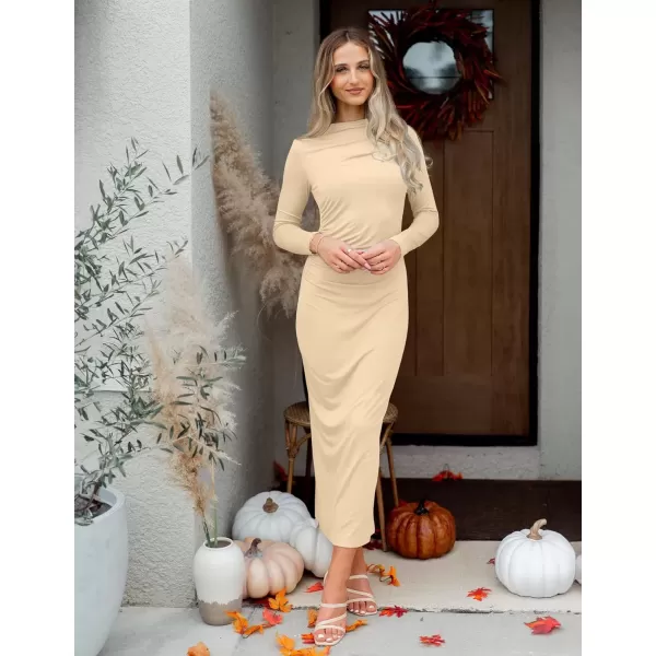 imageZESICA Womens Long Sleeve Bodycon Maxi Dresses 2024 Fall Knit Slim Fit Ruched Sexy Elegant Cocktail Party DressApricot