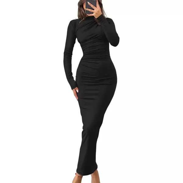 imageZESICA Womens Long Sleeve Bodycon Maxi Dresses 2024 Fall Knit Slim Fit Ruched Sexy Elegant Cocktail Party DressBlack