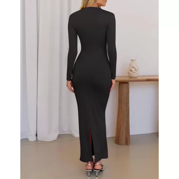 imageZESICA Womens Long Sleeve Bodycon Maxi Dresses 2024 Fall Knit Slim Fit Ruched Sexy Elegant Cocktail Party DressBlack