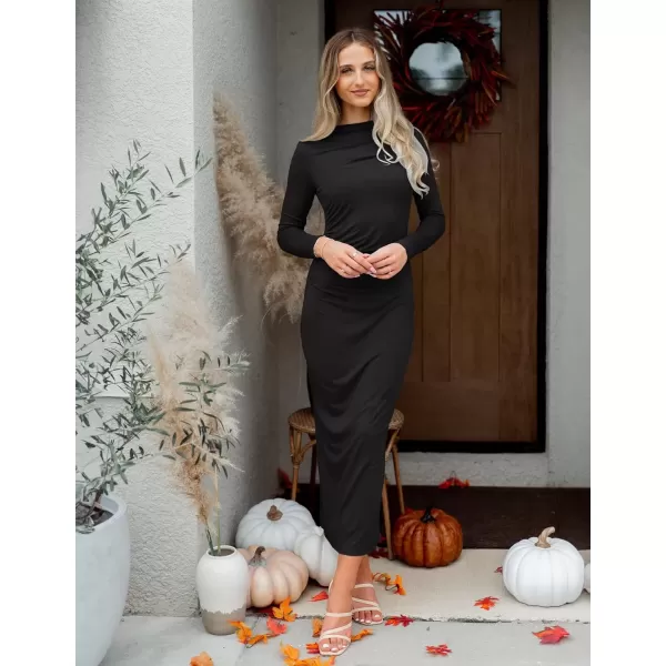 imageZESICA Womens Long Sleeve Bodycon Maxi Dresses 2024 Fall Knit Slim Fit Ruched Sexy Elegant Cocktail Party DressBlack
