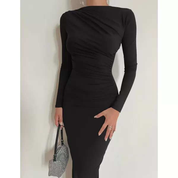 imageZESICA Womens Long Sleeve Bodycon Maxi Dresses 2024 Fall Knit Slim Fit Ruched Sexy Elegant Cocktail Party DressBlack