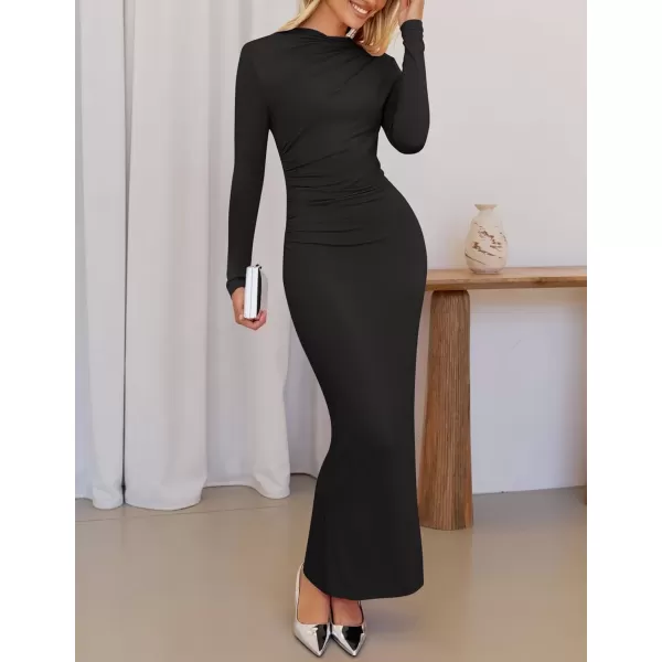 imageZESICA Womens Long Sleeve Bodycon Maxi Dresses 2024 Fall Knit Slim Fit Ruched Sexy Elegant Cocktail Party DressBlack