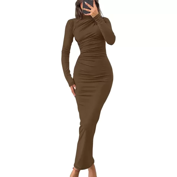 imageZESICA Womens Long Sleeve Bodycon Maxi Dresses 2024 Fall Knit Slim Fit Ruched Sexy Elegant Cocktail Party DressBrown