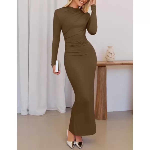 imageZESICA Womens Long Sleeve Bodycon Maxi Dresses 2024 Fall Knit Slim Fit Ruched Sexy Elegant Cocktail Party DressBrown