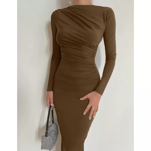 imageZESICA Womens Long Sleeve Bodycon Maxi Dresses 2024 Fall Knit Slim Fit Ruched Sexy Elegant Cocktail Party DressBrown