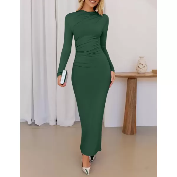 imageZESICA Womens Long Sleeve Bodycon Maxi Dresses 2024 Fall Knit Slim Fit Ruched Sexy Elegant Cocktail Party DressDarkgreen