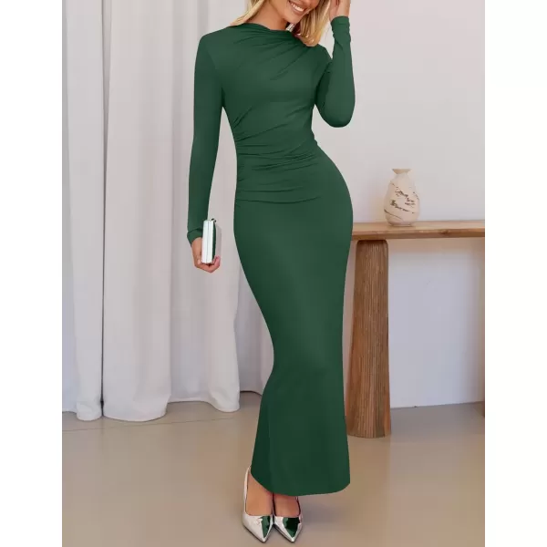 imageZESICA Womens Long Sleeve Bodycon Maxi Dresses 2024 Fall Knit Slim Fit Ruched Sexy Elegant Cocktail Party DressDarkgreen