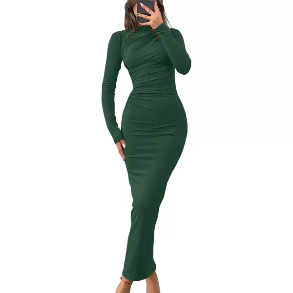 imageZESICA Womens Long Sleeve Bodycon Maxi Dresses 2024 Fall Knit Slim Fit Ruched Sexy Elegant Cocktail Party DressDarkgreen
