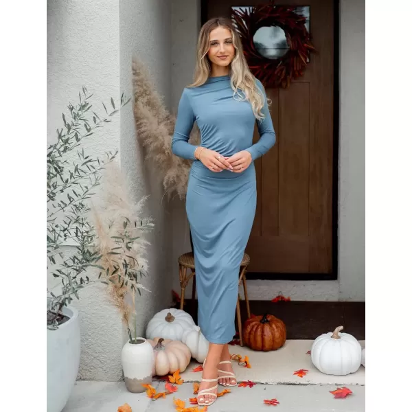 imageZESICA Womens Long Sleeve Bodycon Maxi Dresses 2024 Fall Knit Slim Fit Ruched Sexy Elegant Cocktail Party DressHazeblue