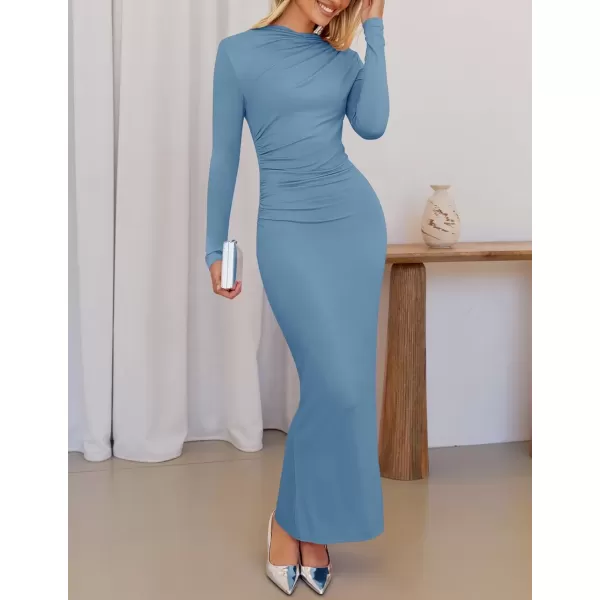 imageZESICA Womens Long Sleeve Bodycon Maxi Dresses 2024 Fall Knit Slim Fit Ruched Sexy Elegant Cocktail Party DressHazeblue