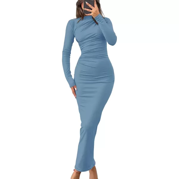 imageZESICA Womens Long Sleeve Bodycon Maxi Dresses 2024 Fall Knit Slim Fit Ruched Sexy Elegant Cocktail Party DressHazeblue