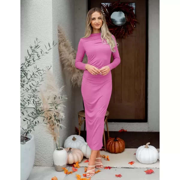 imageZESICA Womens Long Sleeve Bodycon Maxi Dresses 2024 Fall Knit Slim Fit Ruched Sexy Elegant Cocktail Party DressPink