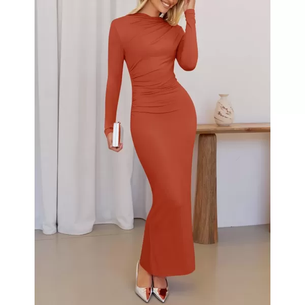 imageZESICA Womens Long Sleeve Bodycon Maxi Dresses 2024 Fall Knit Slim Fit Ruched Sexy Elegant Cocktail Party DressRust