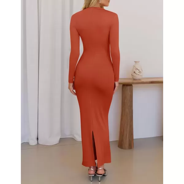 imageZESICA Womens Long Sleeve Bodycon Maxi Dresses 2024 Fall Knit Slim Fit Ruched Sexy Elegant Cocktail Party DressRust