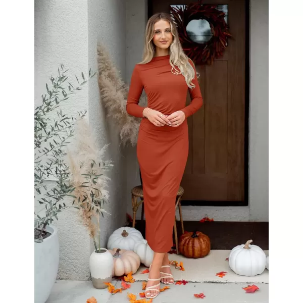 imageZESICA Womens Long Sleeve Bodycon Maxi Dresses 2024 Fall Knit Slim Fit Ruched Sexy Elegant Cocktail Party DressRust